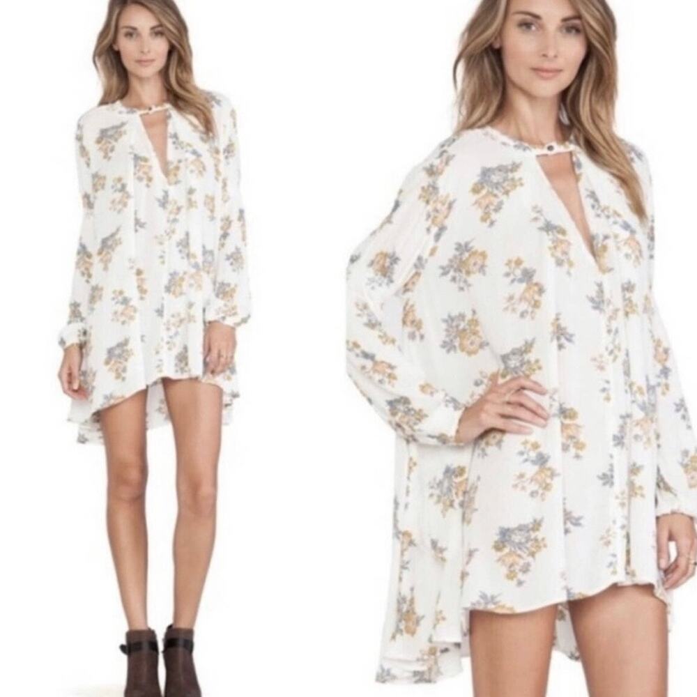 Free People White Gardenia Retro Print Tunic Mini Swing Dress size S